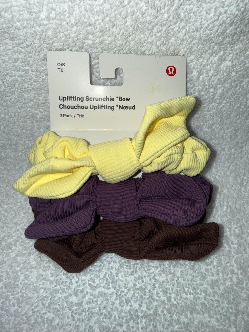 Lululemon Uplifting Scrunchie Bow 3-Pack in Yellow, Purple, Brown